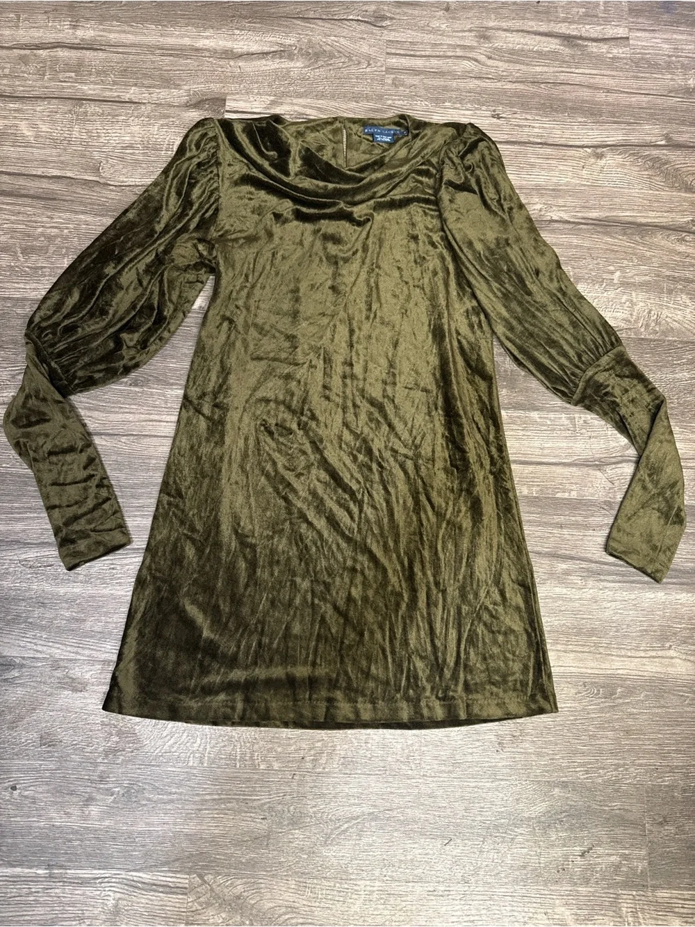 Vintage Ralph Lauren Olive Green Velvet Dress Puff Sleeve Cowl Neck Medium - Picture 2 of 10